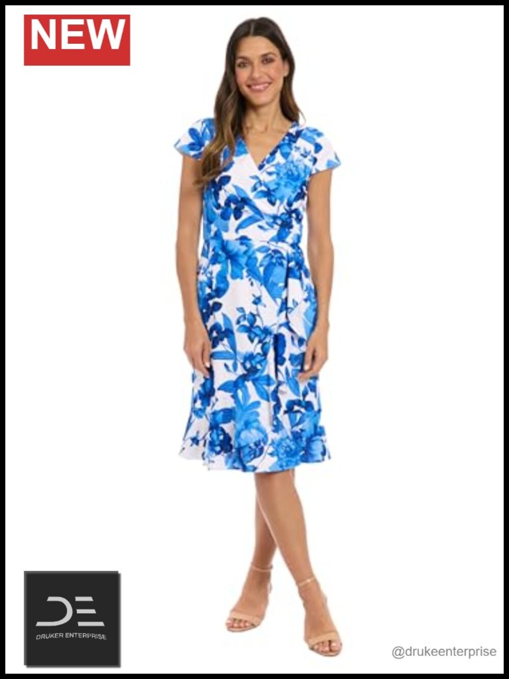 Wrap Dress Flutter Cap Sleeve V-Neck Knee Length Wedding Guest
